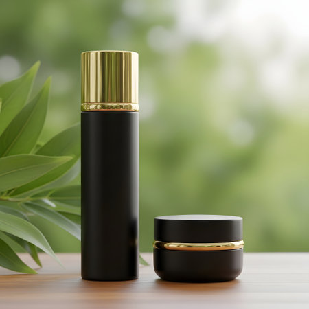 Cosmetic bottle mockup on wooden table with green bokeh backgroundの素材