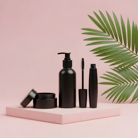 Mockup of black cosmetic products on pink podium with palm leaf.の素材