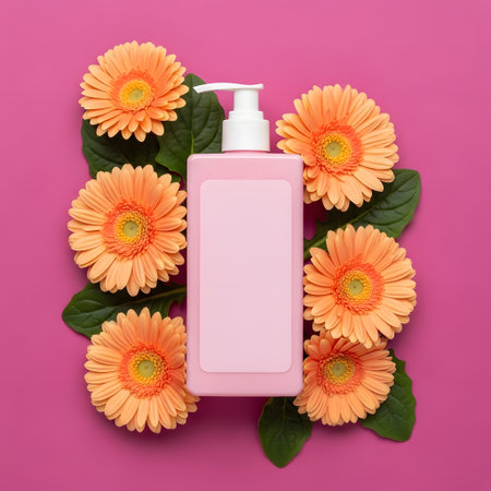 Bottle of cosmetic product with gerbera flowers on pink backgroundの素材