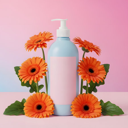 Cosmetic bottles with orange gerbera flowers on pink background.の素材