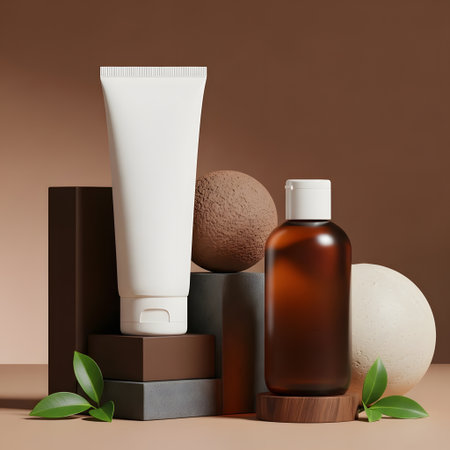 Mockup of beauty cosmetic products on brown background. 3d renderingの素材