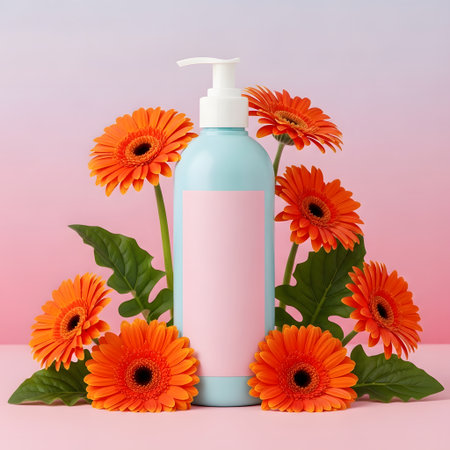Cosmetic bottle with dispenser and gerbera flowers on pink background.の素材