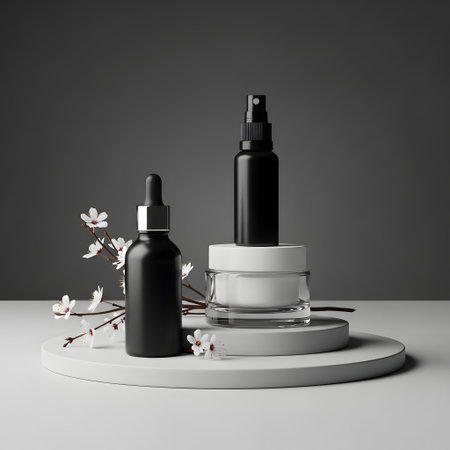 Mockup of cosmetic products on white podium with flowers. 3d renderingの素材