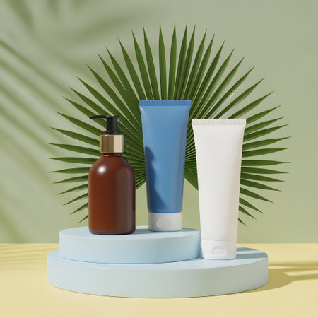 cosmetic bottles on a podium with palm leaves. 3d renderingの素材