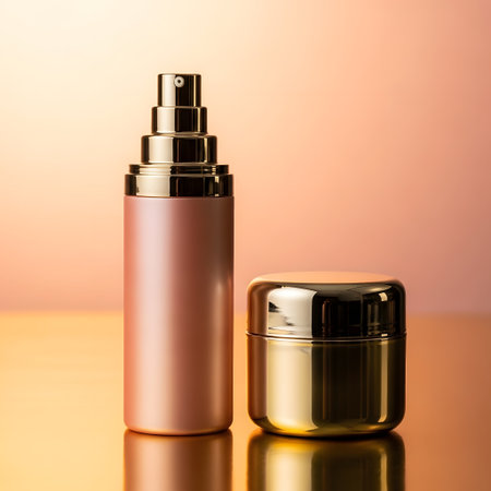 Cosmetic bottle containers on orange background. Beauty and skin care concept.の素材