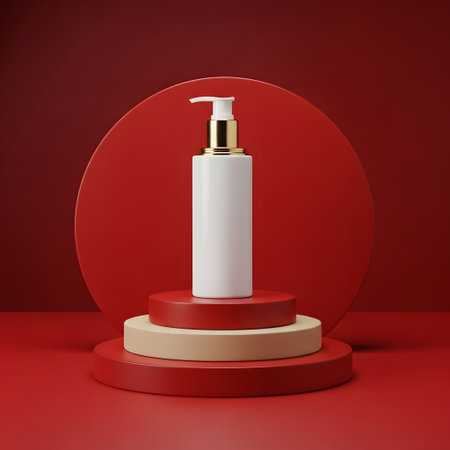 3d render of cosmetic bottle on podium in red background. Beauty product conceptの素材