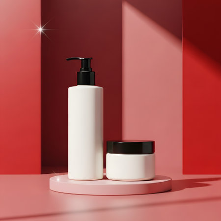 Cosmetic bottle mockup on red background. 3d rendering.の素材