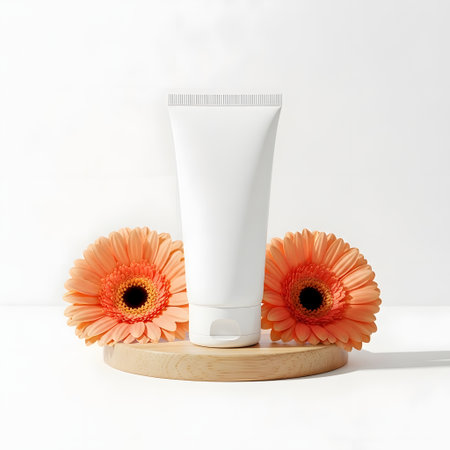 cosmetic cream in tube with orange gerbera flowers on white backgroundの素材