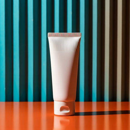 cosmetic cream tube on the orange table and turquoise backgroundの素材