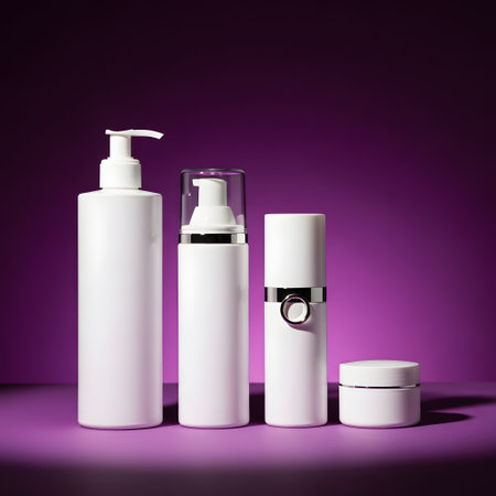 Set of white cosmetic bottles on purple background. 3d rendering.の素材