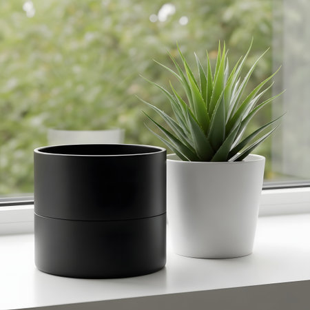 Black flower pot on the windowsill and green plant in the backgroundの素材