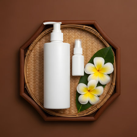 White cosmetic bottle containers with frangipani flowers and leaves on brown backgroundの素材