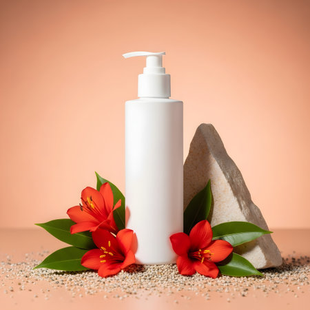 White cosmetic bottle with green leaves and red lily flowers on orange backgroundの素材