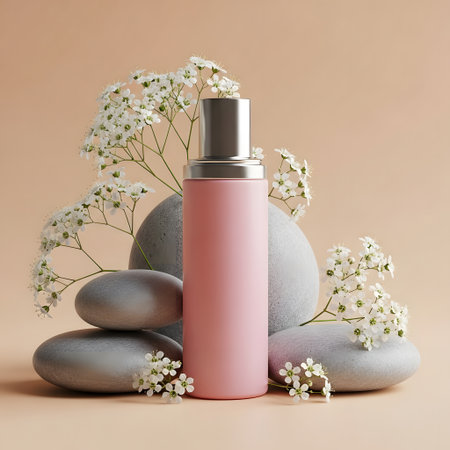 Pink cosmetic bottle with flowers on a beige background. 3d renderingの素材