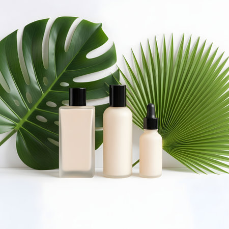 Mockup of cosmetic products with tropical leaves on a white backgroundの素材