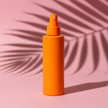 Orange cosmetic bottle on pink background with shadow of palm leaf. Skin care conceptの素材