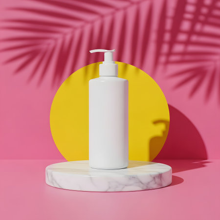 White cosmetic bottle on white marble podium with palm leaves shadow on pink background. 3d renderの素材