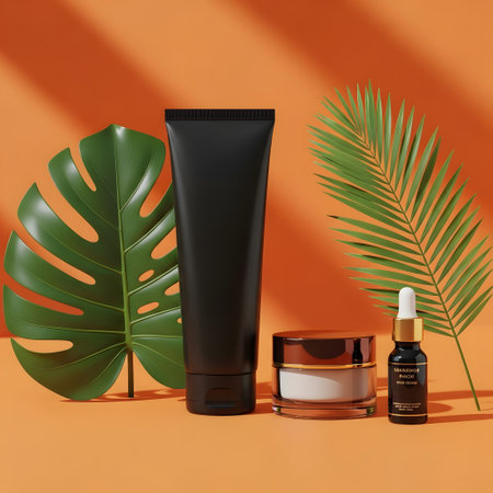 Mockup of cosmetic products with tropical leaves on orange background.の素材