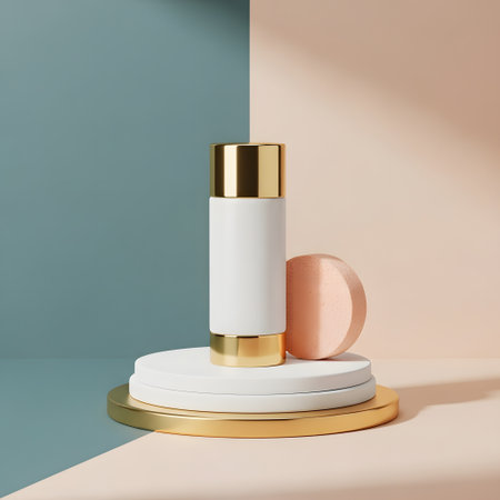 Cosmetic bottle mockup on podium. 3d render illustration.の素材
