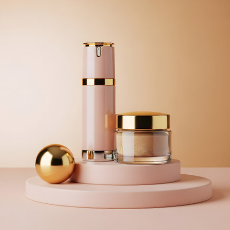 3d render of cosmetic product display podium with golden ball and creamの素材