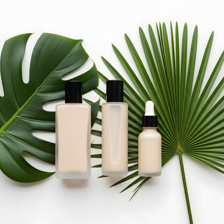Set of cosmetic products with tropical leaves on white background, top viewの素材