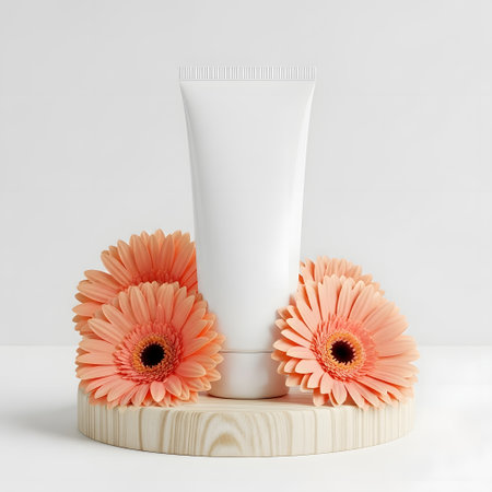 cosmetic bottle containers with orange gerbera flowers on white backgroundの素材