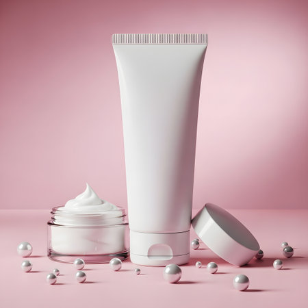 Cosmetic cream bottle mockup on pink background. 3d illustrationの素材