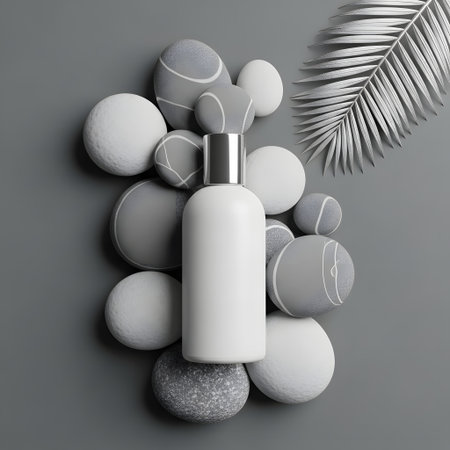 White cosmetic bottle mockup on grey background. 3d rendering.の素材