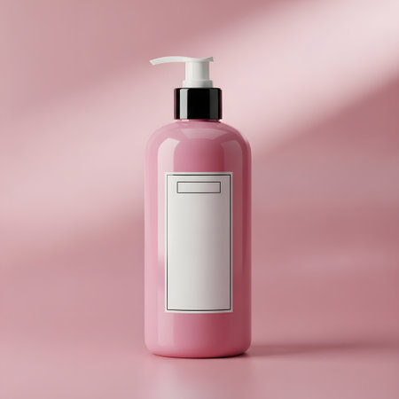 Cosmetic bottle with blank label on a pink background. 3d renderingの素材