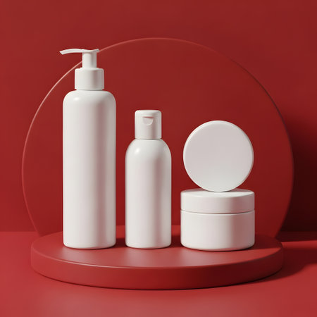 White cosmetic bottles on a red background. 3d rendering mock upの素材