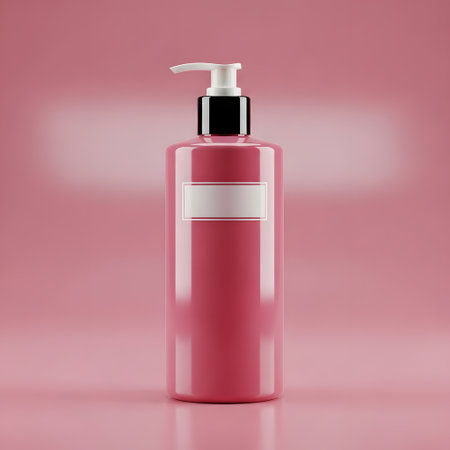 Cosmetic bottle with dispenser on a pink background. 3d renderingの素材