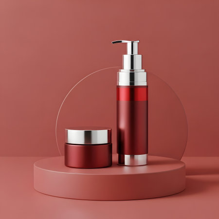 3d render of red cosmetic bottle on podium. Cosmetic product mockupの素材