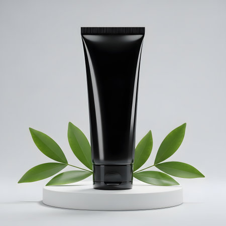Black cosmetic tube on white podium with green leaves. 3d renderingの素材