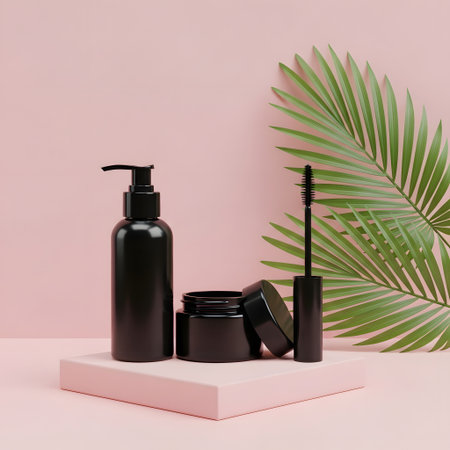Cosmetic branding, packaging and make-up concept - Face cream bottle, serum, gel, concealer and palm leaf on pink background, make-up and cosmetics product for luxury beauty brandの素材