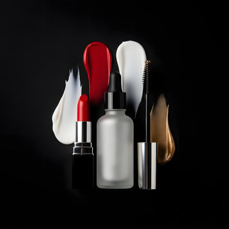 Cosmetic branding, fashion blog cover and girly glamour concept - Make-up and cosmetics product set on black background, make-up and beauty cosmetics product for luxury beauty brand ads designの素材