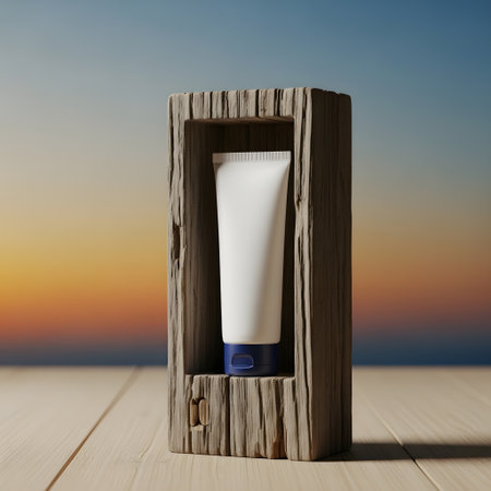 cosmetic cream in a wooden box on a background of the sunsetの素材