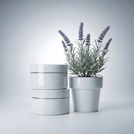 3d render of lavender flowers in white pots on grey backgroundの素材