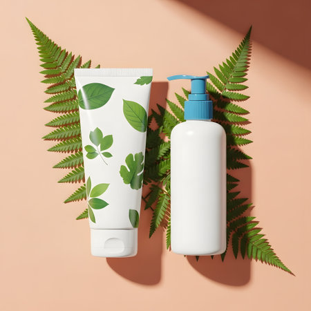 Cosmetic bottles with green leaves on beige background. Flat lay.の素材