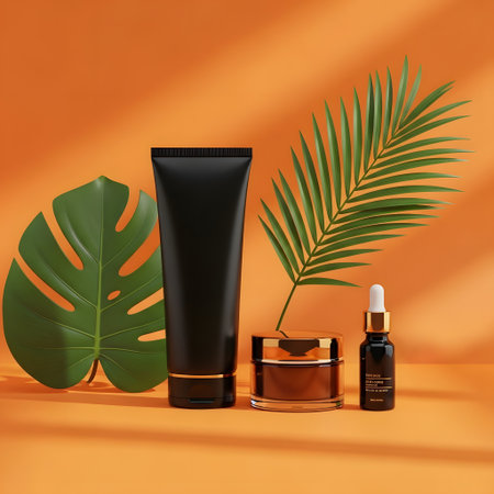 Cosmetic bottle containers with tropical leaves on orange background. 3d renderingの素材
