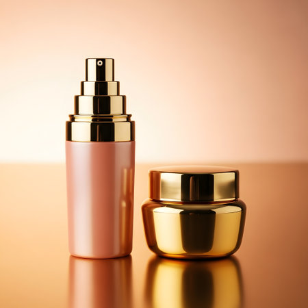 Cosmetic bottle on a golden background. 3d render illustration.の素材