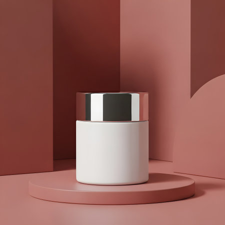 3d render of a white cosmetic bottle on a pink pedestal.の素材