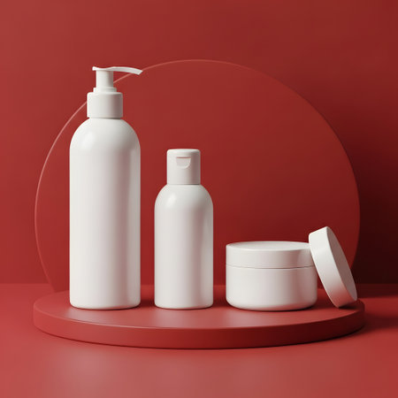 cosmetic cream bottle 3d render on red background with round frameの素材