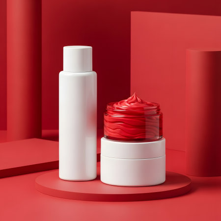 Cosmetic cream bottle mockup on red podium. 3d renderingの素材