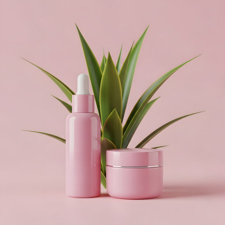 Cosmetic bottle with pipette and plant on pink background. 3d renderingの素材