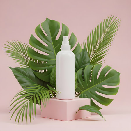White cosmetic bottle on pink podium with tropical palm leaves, 3d illustrationの素材