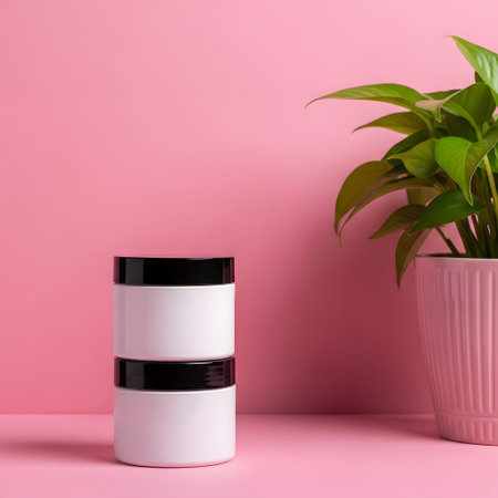 Cosmetic bottle mockup with green plant in pot on pink backgroundの素材