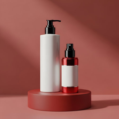 Cosmetic bottle mockup on red podium. 3d rendering.の素材