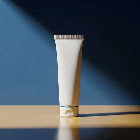 White cosmetic tube mockup on blue background. 3d rendering.の素材