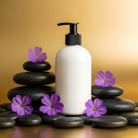 cosmetic cream bottle with purple flowers on zen basalt stonesの素材