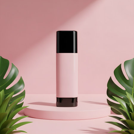 3d render of cosmetic bottle on pink podium with tropical leaves backgroundの素材